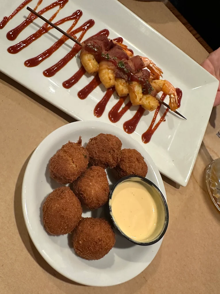 Shrimp skewer and homemade corn balls