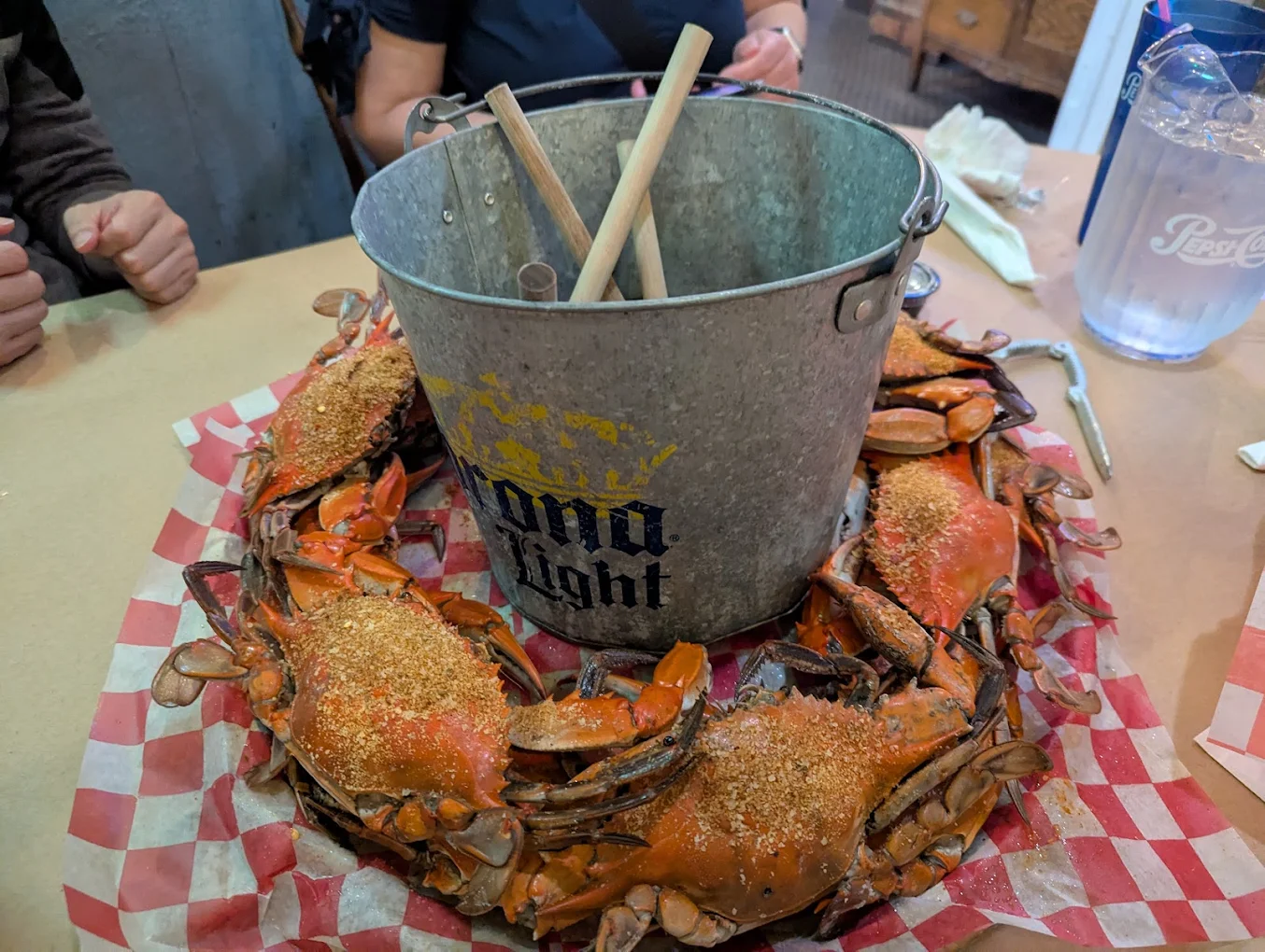 Bucket of fresh seasoned blue crabs