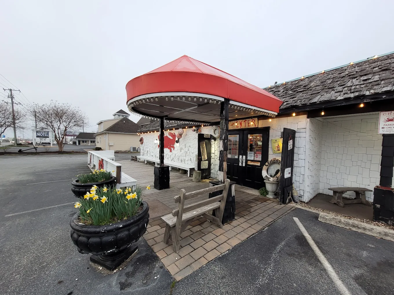 Restaurant entrance with red awning